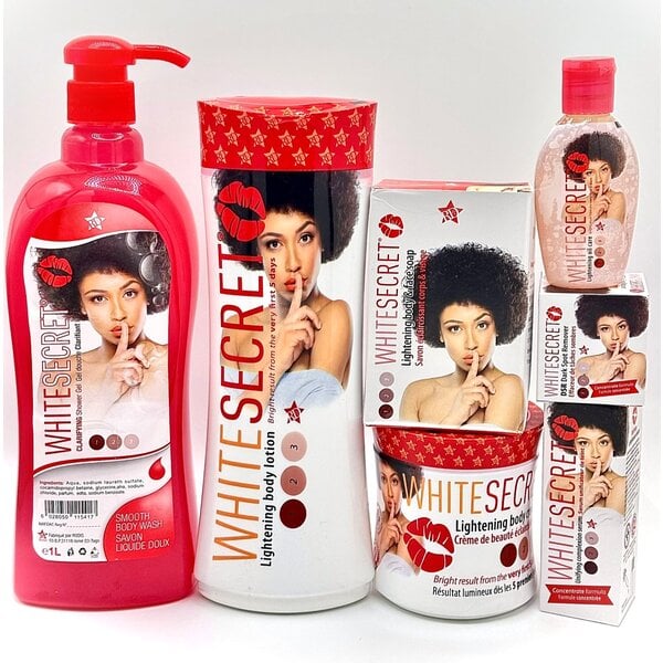 White Secret Body Lotion Complete Set (Lotion 500ml, Serum, Soap, dark spot remover, body cream, oil and shower gel)